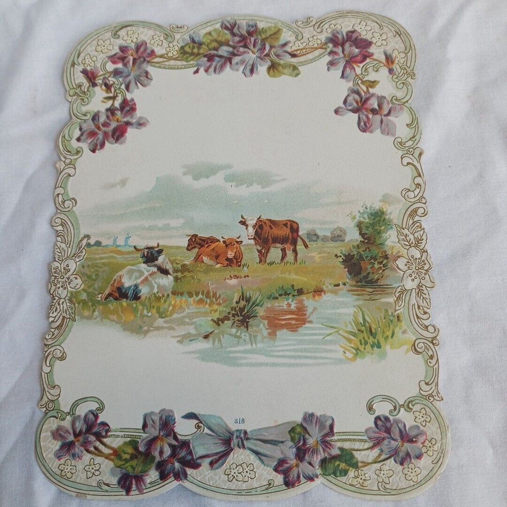 Victorian Die Cut Embossed Cows Greeting Card